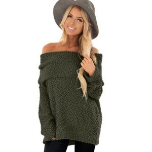 Army green off the shoulder popcorn sweater